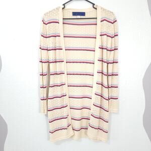 Blue Rain Cardigan Sweater Womens Small Cream Striped Long Sleeves Light…